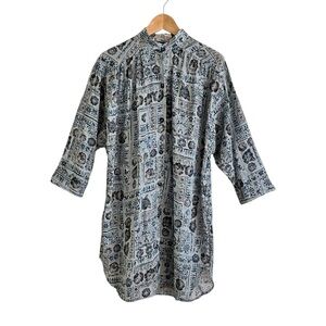 Vintage Orvis Blockprint Buttondown A-Line Relaxed Fit Dress Blue Tropical